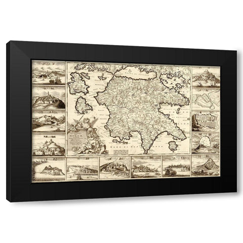 Greece and Peloponnesian Black Modern Wood Framed Art Print by Vintage Maps