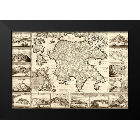 Greece and Peloponnesian Black Modern Wood Framed Art Print by Vintage Maps