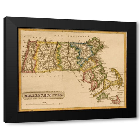 Massachusetts 1817 Black Modern Wood Framed Art Print with Double Matting by Vintage Maps