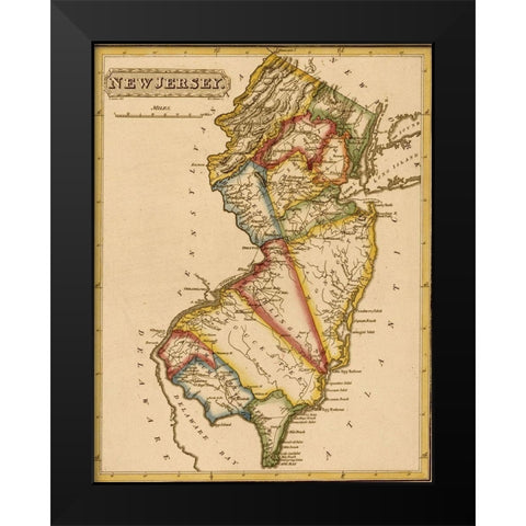 New Jersey 1817 Black Modern Wood Framed Art Print by Vintage Maps