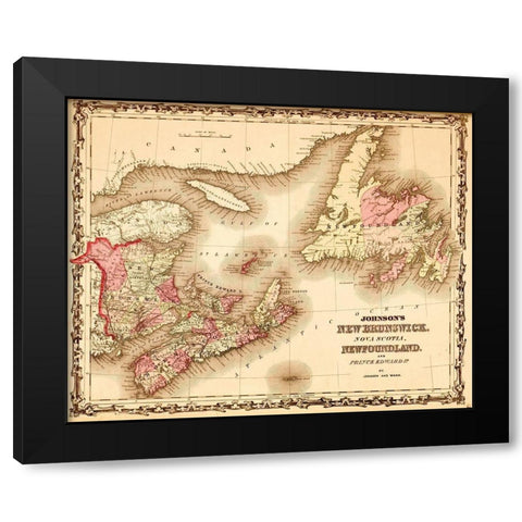 New Brunswick and Newfoundland 1862 Black Modern Wood Framed Art Print by Vintage Maps