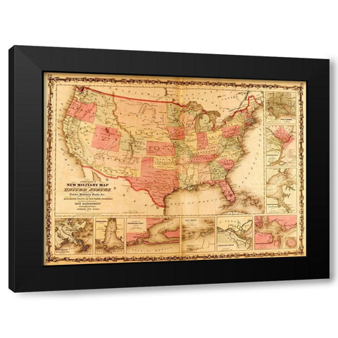 Military Map of the United States 1862 Black Modern Wood Framed Art Print with Double Matting by Vintage Maps