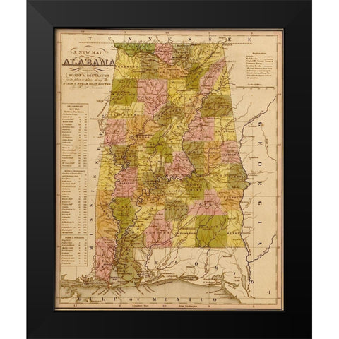 Alabama 1844 Black Modern Wood Framed Art Print by Vintage Maps