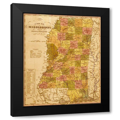 Mississippi 1844 Black Modern Wood Framed Art Print with Double Matting by Vintage Maps