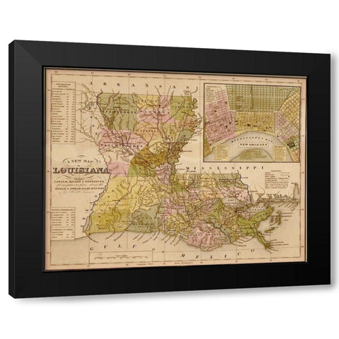 Louisiana 1844 Black Modern Wood Framed Art Print by Vintage Maps