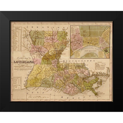 Louisiana 1844 Black Modern Wood Framed Art Print by Vintage Maps