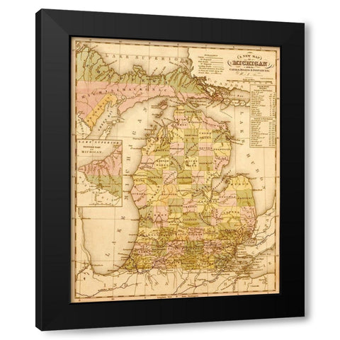 Michigan 1844 Black Modern Wood Framed Art Print by Vintage Maps