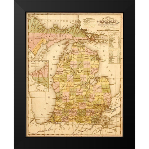 Michigan 1844 Black Modern Wood Framed Art Print by Vintage Maps