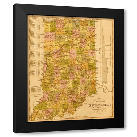 Indiana 1844 Black Modern Wood Framed Art Print with Double Matting by Vintage Maps