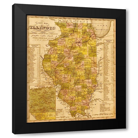 Illinois 1844 Black Modern Wood Framed Art Print by Vintage Maps