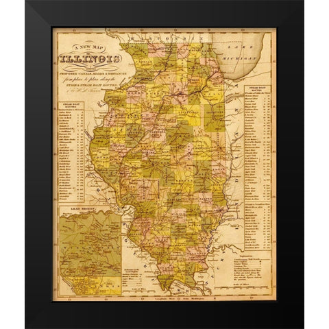 Illinois 1844 Black Modern Wood Framed Art Print by Vintage Maps