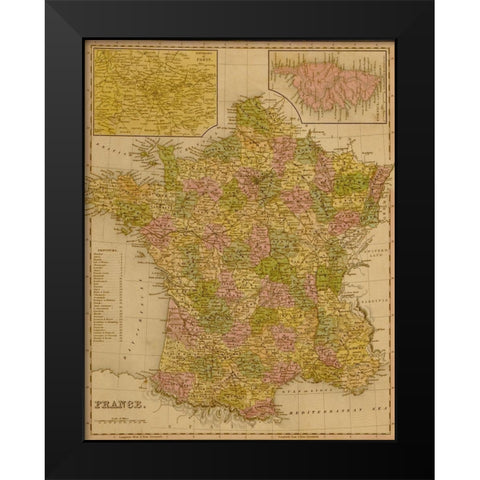 France 1844 Black Modern Wood Framed Art Print by Vintage Maps