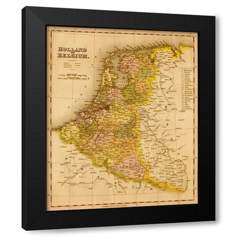Holland and Belgium 1844 Black Modern Wood Framed Art Print by Vintage Maps