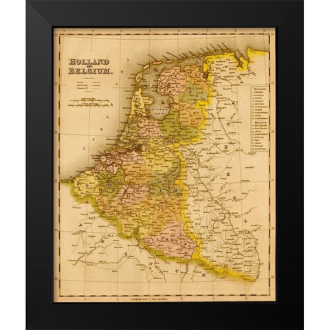Holland and Belgium 1844 Black Modern Wood Framed Art Print by Vintage Maps