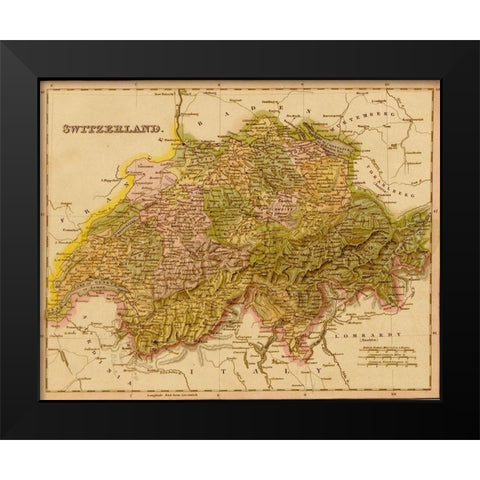 Switzerland 1844 Black Modern Wood Framed Art Print by Vintage Maps