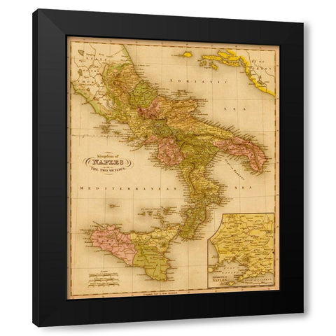 Kingdom of Naples 1844 Black Modern Wood Framed Art Print by Vintage Maps