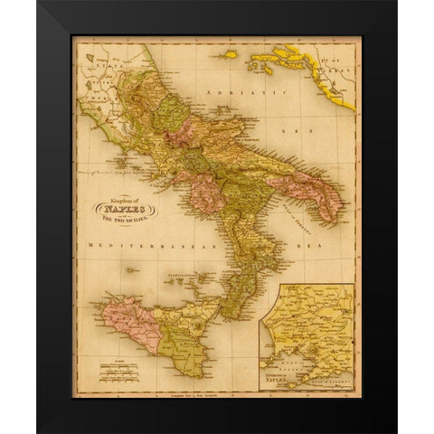 Kingdom of Naples 1844 Black Modern Wood Framed Art Print by Vintage Maps