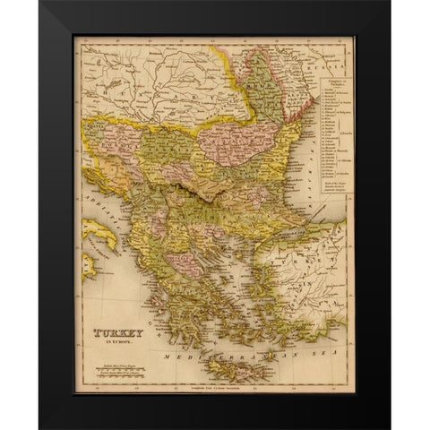 Turkey Greece 1844 Black Modern Wood Framed Art Print by Vintage Maps