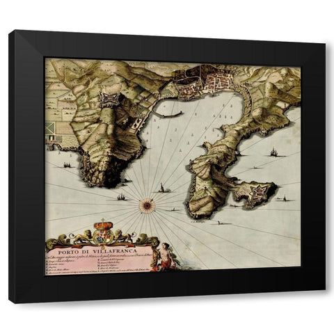 Villa Franca on the Mediterranean 1700 Black Modern Wood Framed Art Print by Vintage Maps
