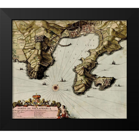 Villa Franca on the Mediterranean 1700 Black Modern Wood Framed Art Print by Vintage Maps