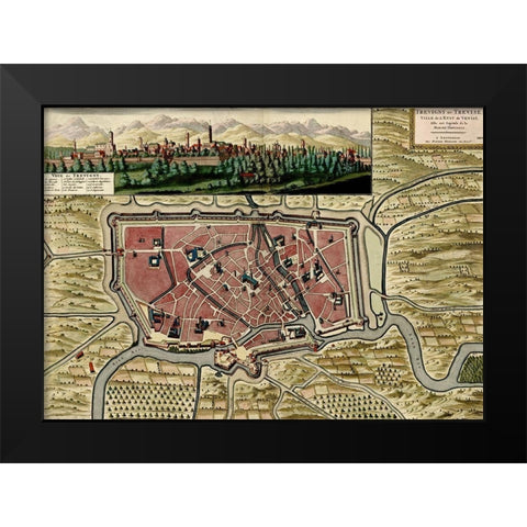 Trevise in the Italian Po Valley 1700 Black Modern Wood Framed Art Print by Vintage Maps