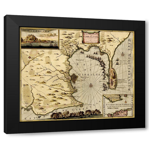 Straits and Defenses at Gibraltar 1700 Black Modern Wood Framed Art Print by Vintage Maps