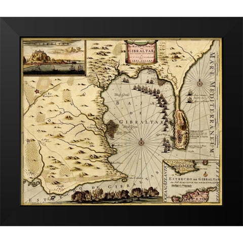 Straits and Defenses at Gibraltar 1700 Black Modern Wood Framed Art Print by Vintage Maps