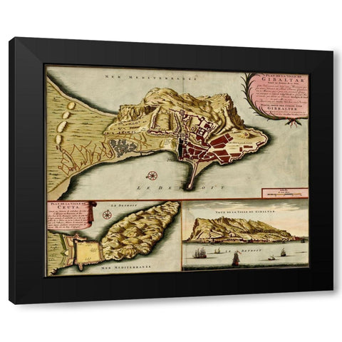 Gibraltar 1700 Black Modern Wood Framed Art Print by Vintage Maps