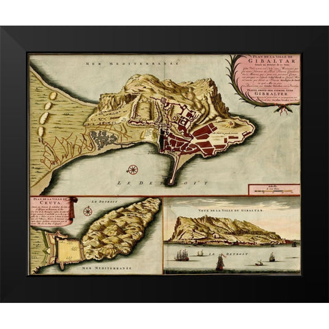 Gibraltar 1700 Black Modern Wood Framed Art Print by Vintage Maps