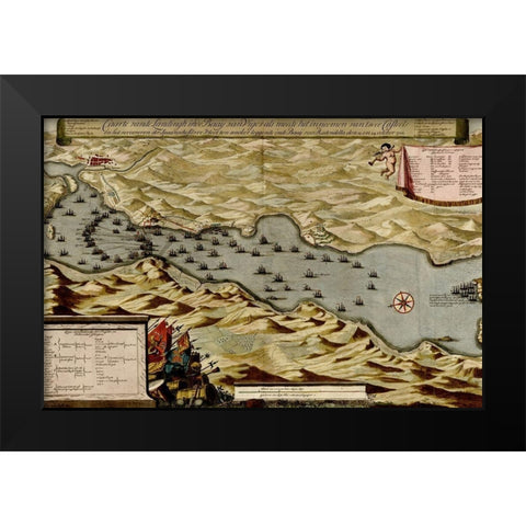 Vigos Spain 1700 Battle of Vigo Bay Black Modern Wood Framed Art Print by Vintage Maps