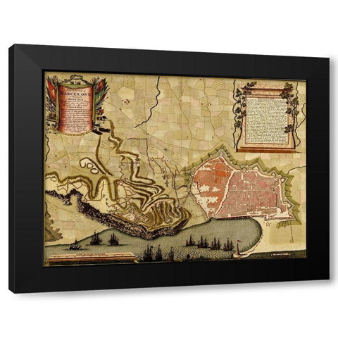 Barcelona Spain Defenses 1700 Black Modern Wood Framed Art Print by Vintage Maps
