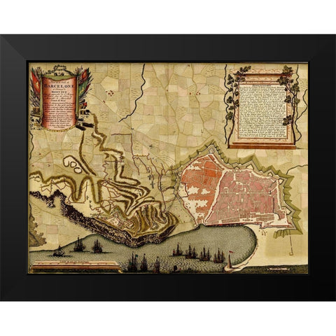 Barcelona Spain Defenses 1700 Black Modern Wood Framed Art Print by Vintage Maps