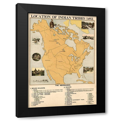 Location of Indian Tribes in 1492 Black Modern Wood Framed Art Print by Vintage Maps