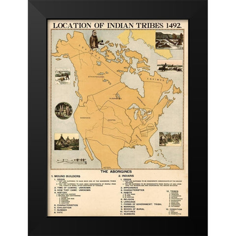 Location of Indian Tribes in 1492 Black Modern Wood Framed Art Print by Vintage Maps