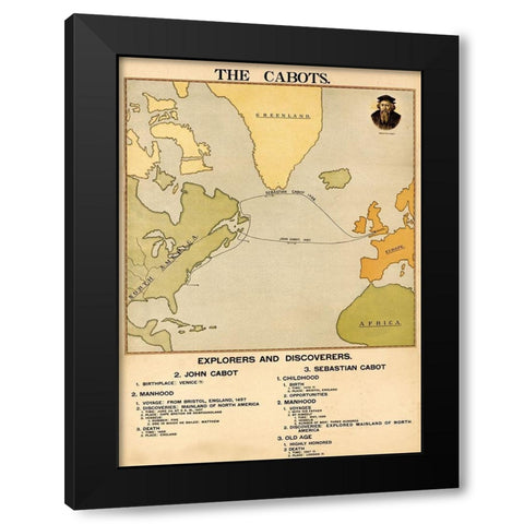 The Voyages of John and Sebastian Cabot Black Modern Wood Framed Art Print by Vintage Maps