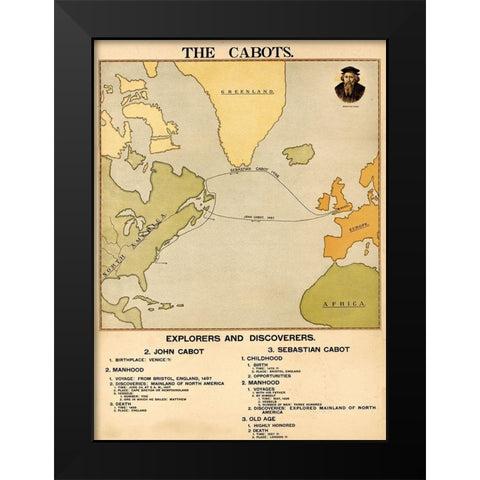 The Voyages of John and Sebastian Cabot Black Modern Wood Framed Art Print by Vintage Maps