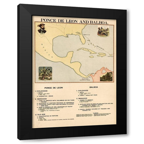 Ponce de Leon and Balboa Black Modern Wood Framed Art Print by Vintage Maps