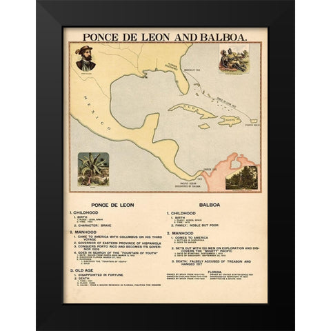 Ponce de Leon and Balboa Black Modern Wood Framed Art Print by Vintage Maps