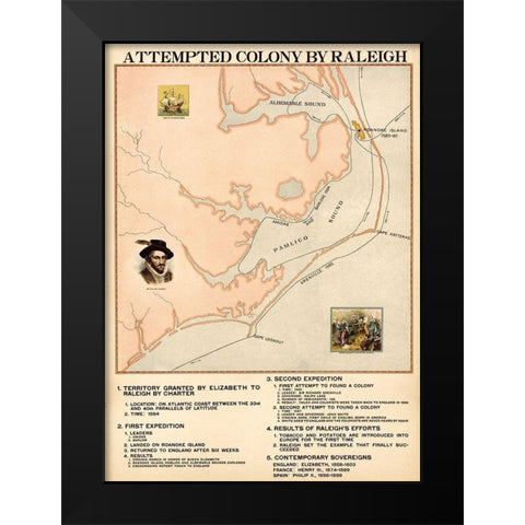 Attempted Colony by Raleigh Black Modern Wood Framed Art Print by Vintage Maps