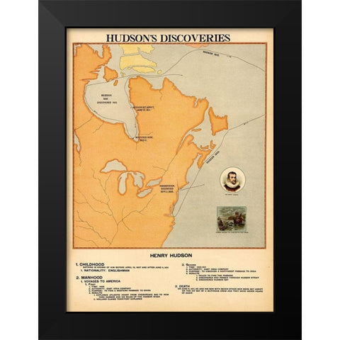 Henry Hudsons Discoveries Black Modern Wood Framed Art Print by Vintage Maps