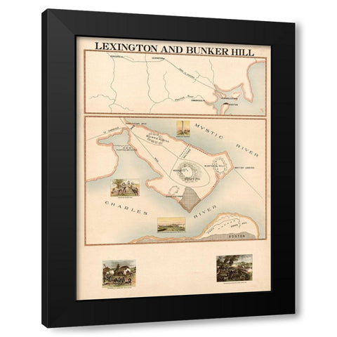 Lexington and Bunker Hill Black Modern Wood Framed Art Print by Vintage Maps