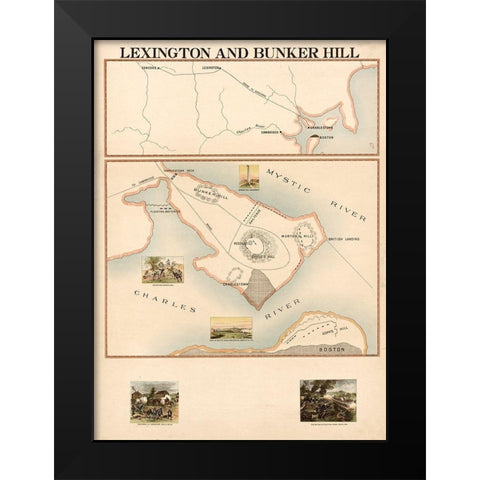 Lexington and Bunker Hill Black Modern Wood Framed Art Print by Vintage Maps
