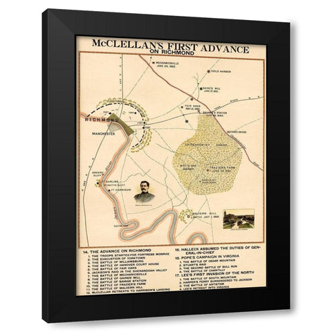 Civil War McClellans 1st Advance on Richmond Black Modern Wood Framed Art Print with Double Matting by Vintage Maps