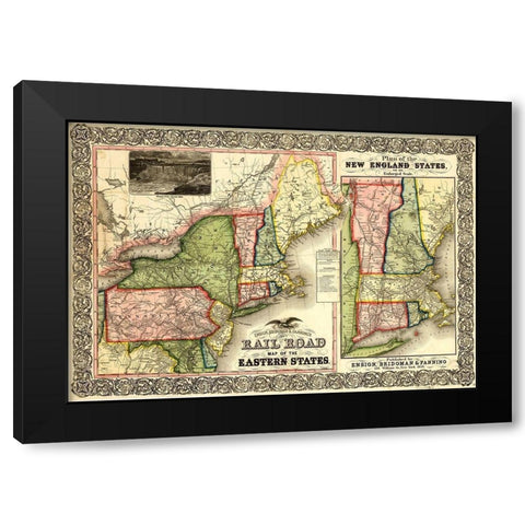 Railroad Map of the Eastern States and New England 1856 Black Modern Wood Framed Art Print by Vintage Maps
