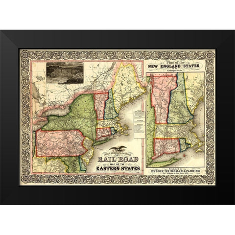 Railroad Map of the Eastern States and New England 1856 Black Modern Wood Framed Art Print by Vintage Maps