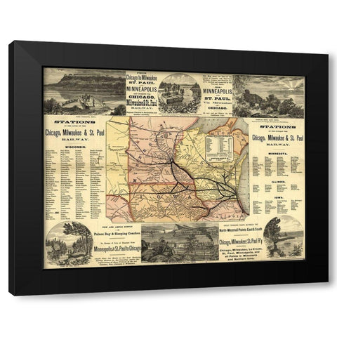 Chicago to Milwaukee Railroad Map 1874 Black Modern Wood Framed Art Print with Double Matting by Vintage Maps