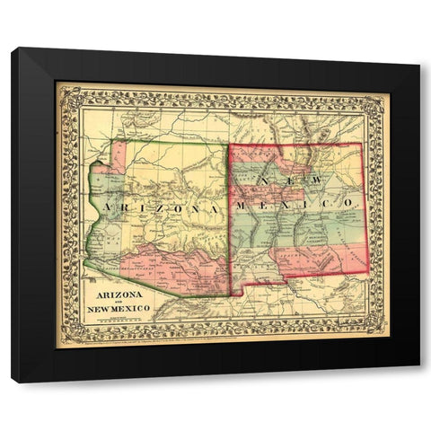 Arizona and New Mexico 1867 Black Modern Wood Framed Art Print by Vintage Maps