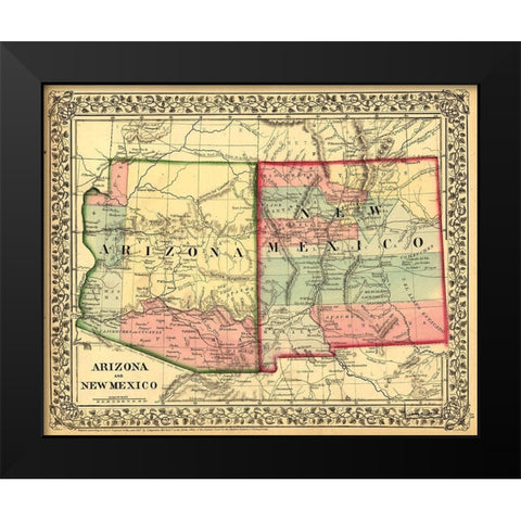 Arizona and New Mexico 1867 Black Modern Wood Framed Art Print by Vintage Maps