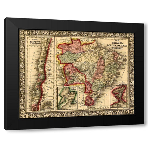 Brazil-Bolivia-Paraguay-Uruguay-Chili 1870 Black Modern Wood Framed Art Print with Double Matting by Vintage Maps