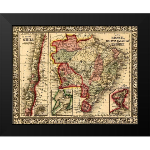 Brazil-Bolivia-Paraguay-Uruguay-Chili 1870 Black Modern Wood Framed Art Print by Vintage Maps